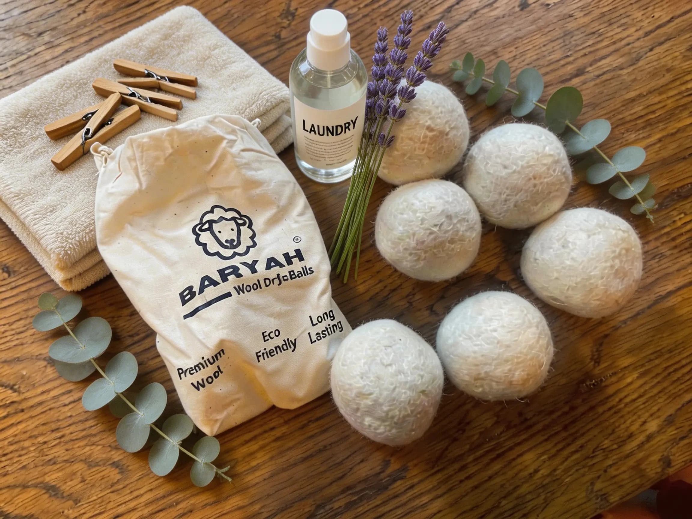 BARYAH wool dryer balls and cotton storage bag beside folded laundry