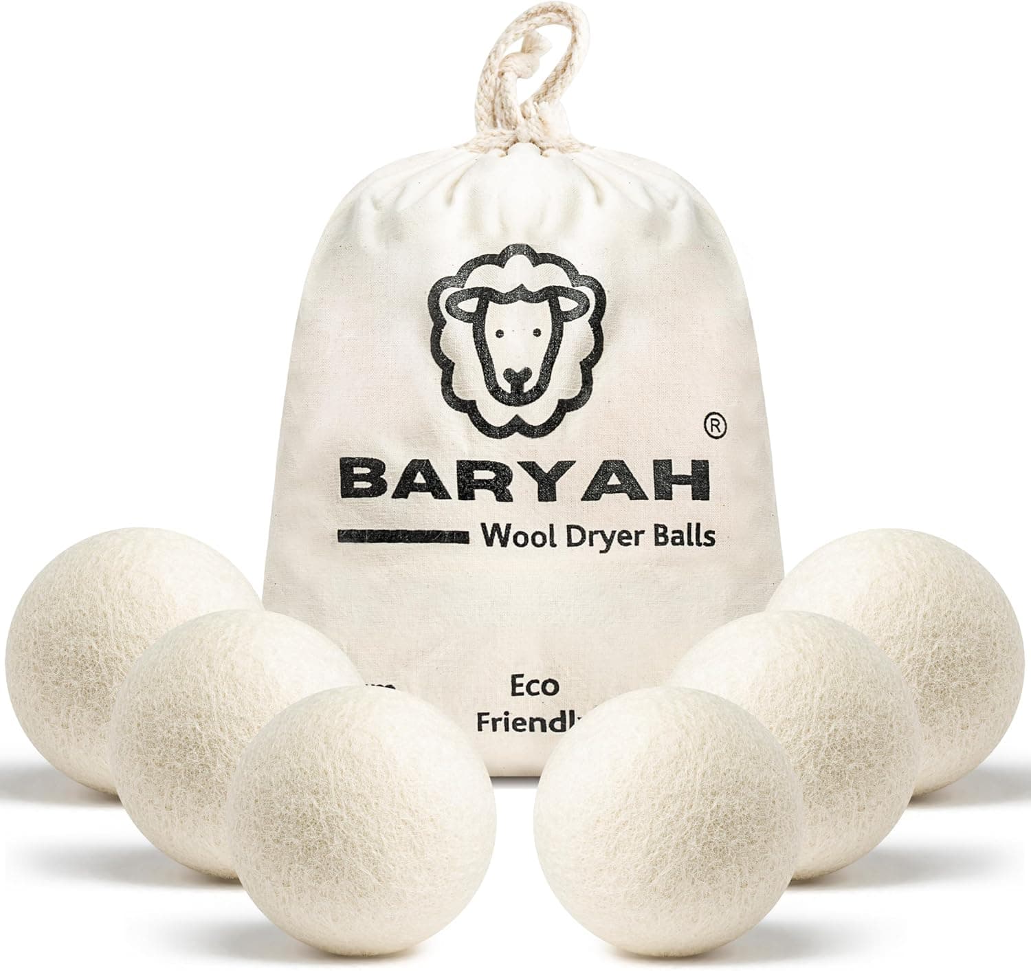 Pack of 6 BARYAH wool dryer balls with cotton bag