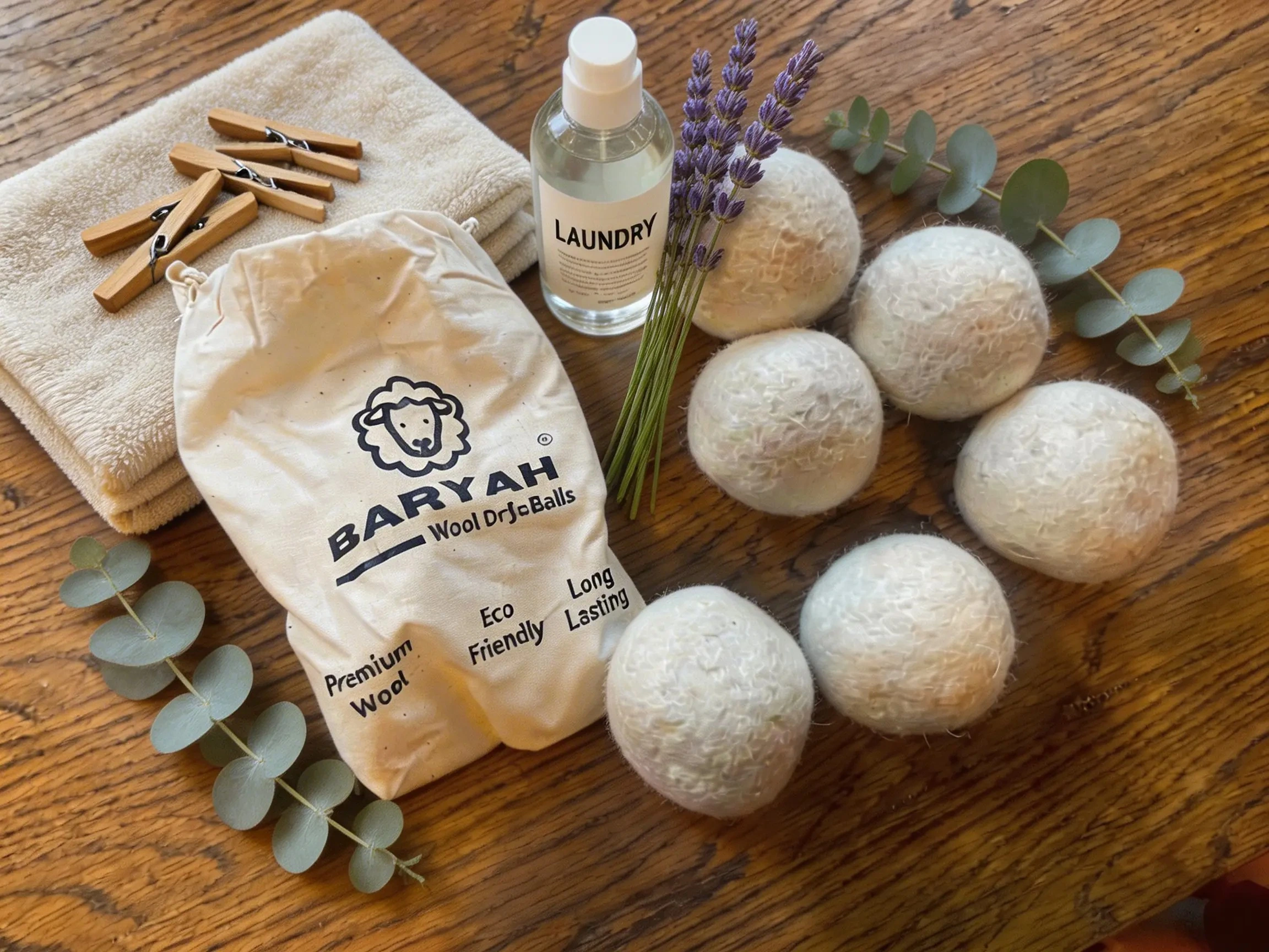 BARYAH wool dryer balls and cotton storage bag with a towel, wooden pegs and lavender