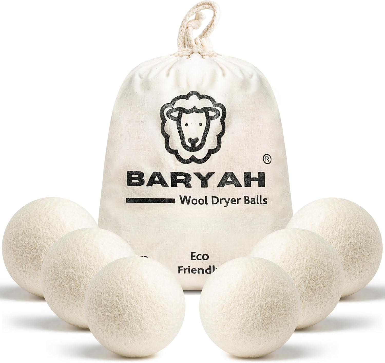 Pack of 6 BARYAH wool dryer balls with cotton bag