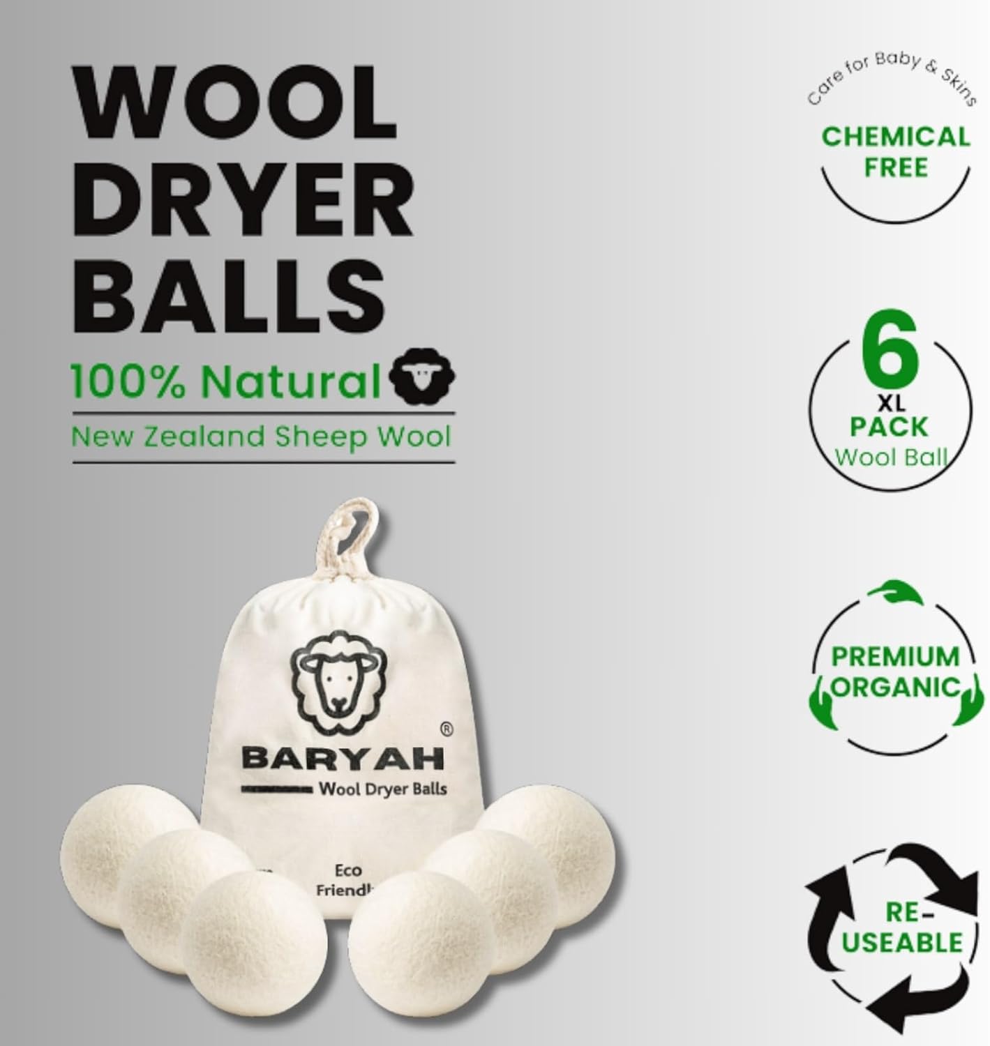 Baryah Wool Dryer Balls XL Pack of 6 – Organic New Zealand Wool, Reusable Eco Tumble Dryer Balls UK – Reduce Drying Time & Wrinkles – Natural Fabric Softener Alternative