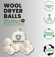 BARYAH Wool Dryer Balls,Pack of 8 Natural Fabric Softener 100% Organic Premium XL New Zealand Wool, Reusable, Reduces Clothing Wrinkles and Baby Safe, Saving Energy & Time