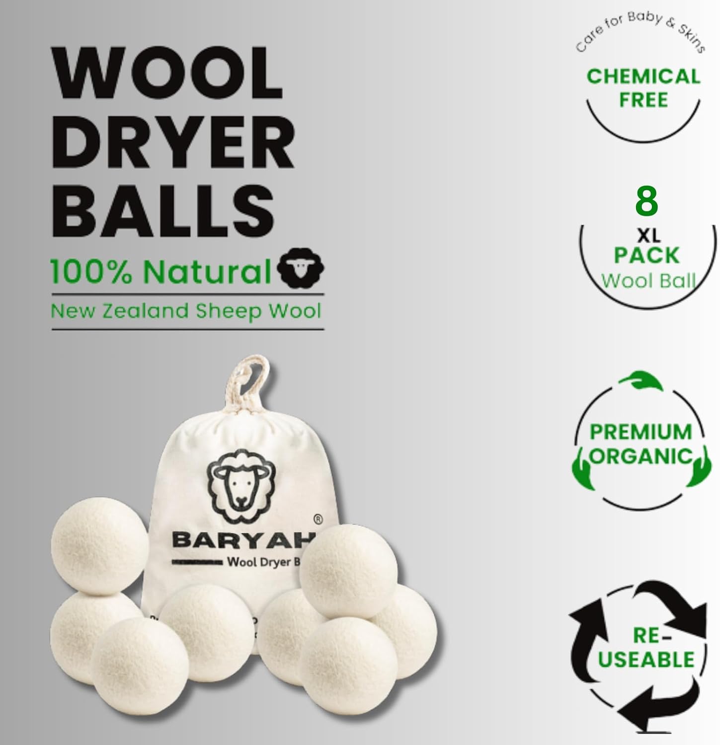 BARYAH Wool Dryer Balls,Pack of 8 Natural Fabric Softener 100% Organic Premium XL New Zealand Wool, Reusable, Reduces Clothing Wrinkles and Baby Safe, Saving Energy & Time