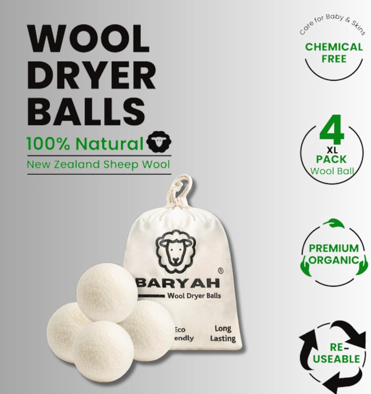 Baryah Wool Dryer Balls XL Pack of 4 – Organic New Zealand Wool, Reusable Eco Tumble Dryer Balls UK – Reduce Drying Time & Wrinkles – Natural Fabric Softener Alternative