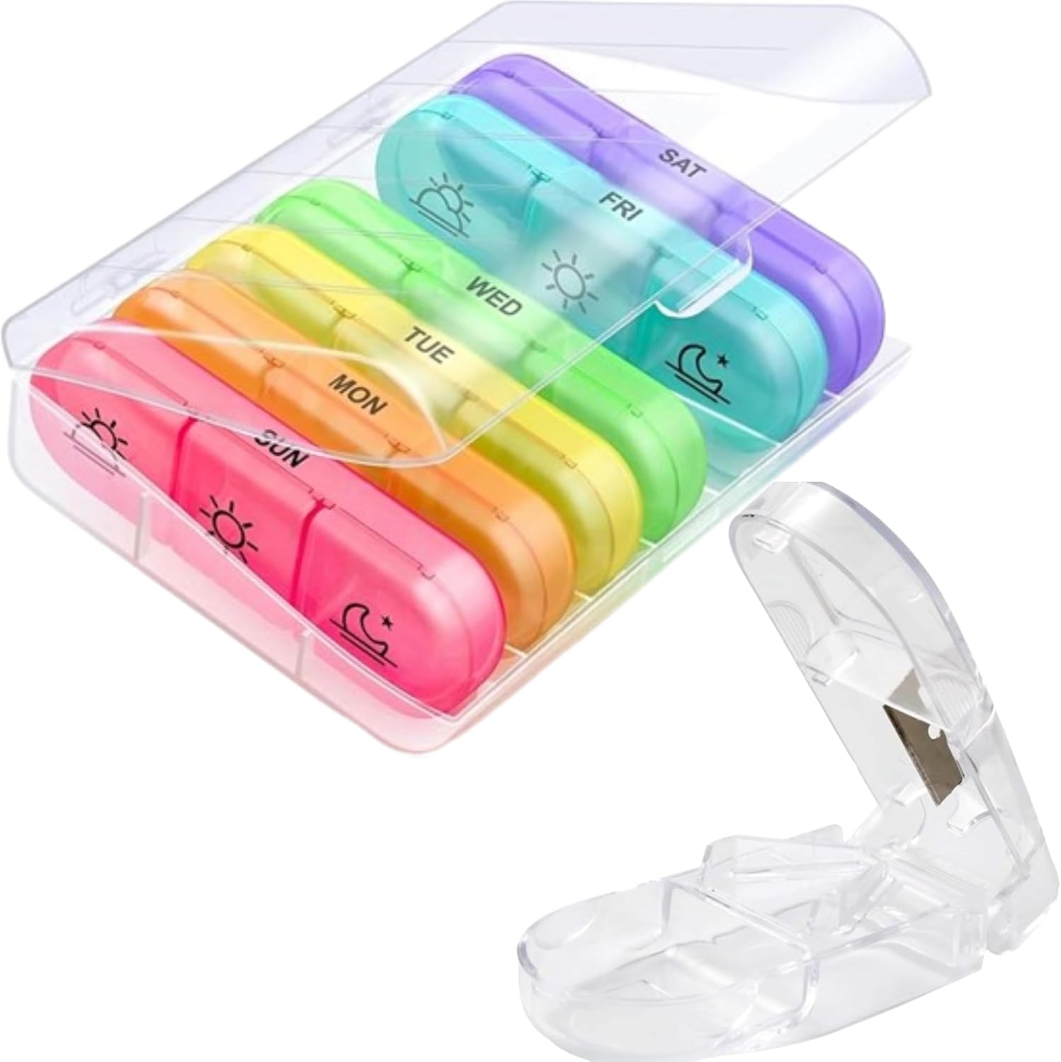 Baryah Weekly Pill Box Organizer with Cutter, Portable Pill Boxes 7 Day 3 Times A Day, 7 Day Tablet Organizer with Large Separate Compartments to Hold Medication, Vitamins, Fish Oil and Supplement