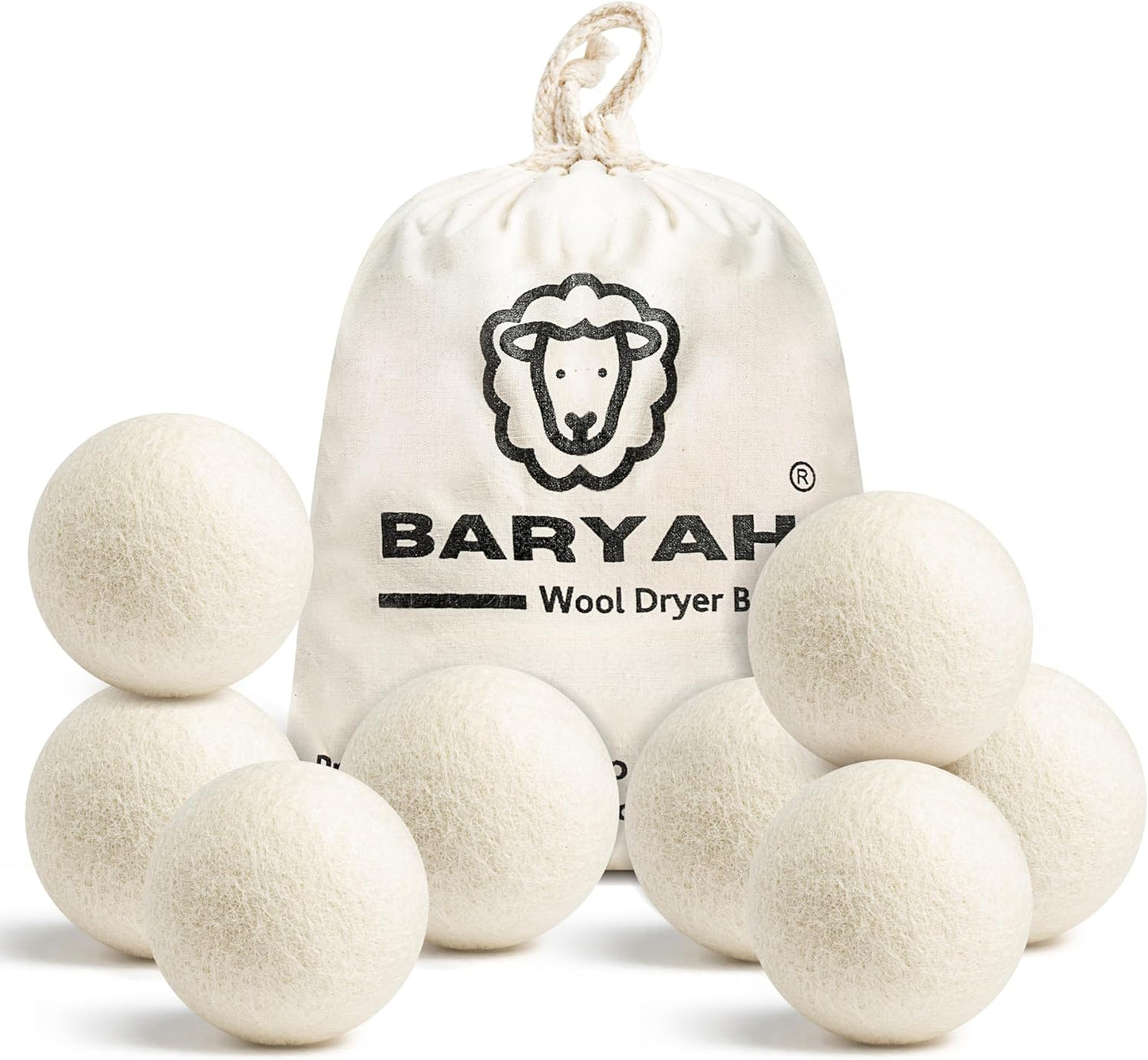 BARYAH Wool Dryer Balls,Pack of 8 Natural Fabric Softener 100% Organic Premium XL New Zealand Wool, Reusable, Reduces Clothing Wrinkles and Baby Safe, Saving Energy & Time