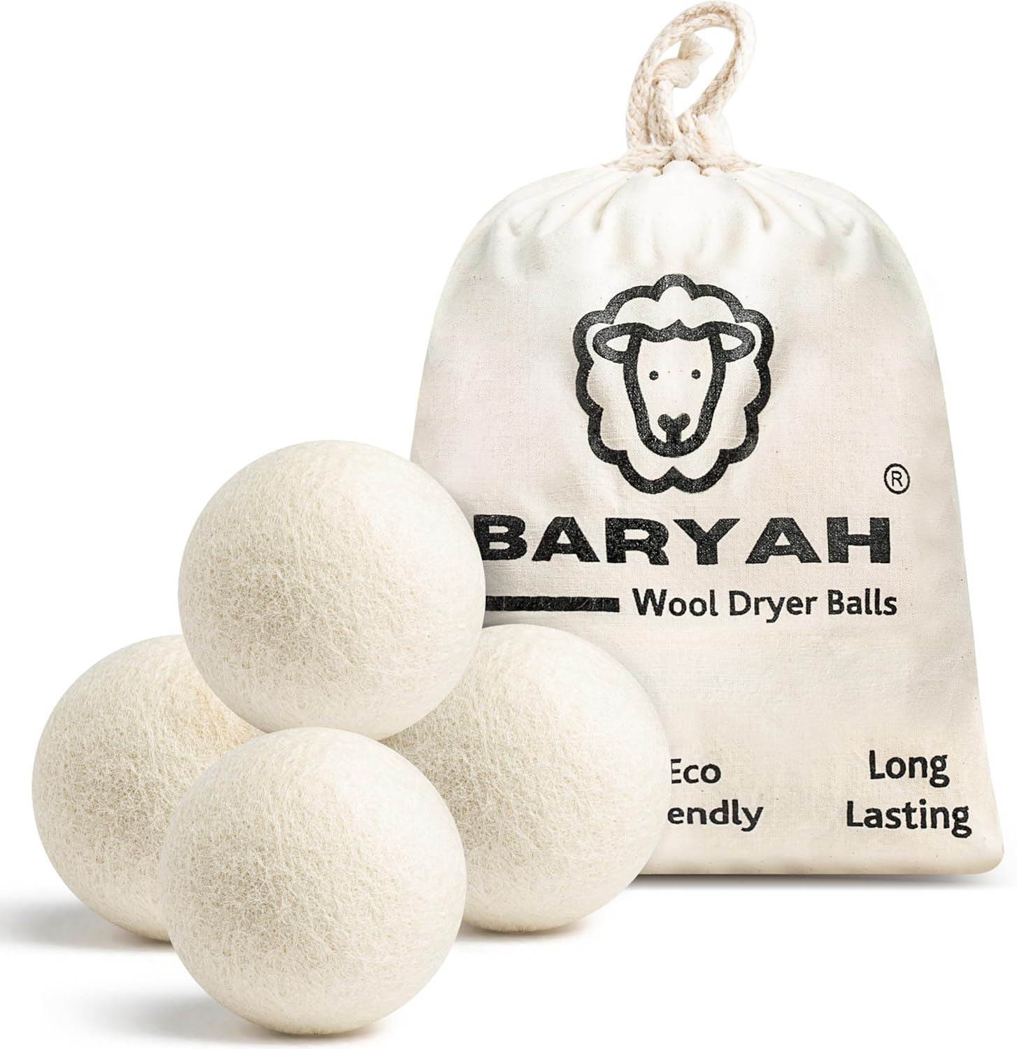 Baryah Wool Dryer Balls XL Pack of 4 – Organic New Zealand Wool, Reusable Eco Tumble Dryer Balls UK – Reduce Drying Time & Wrinkles – Natural Fabric Softener Alternative
